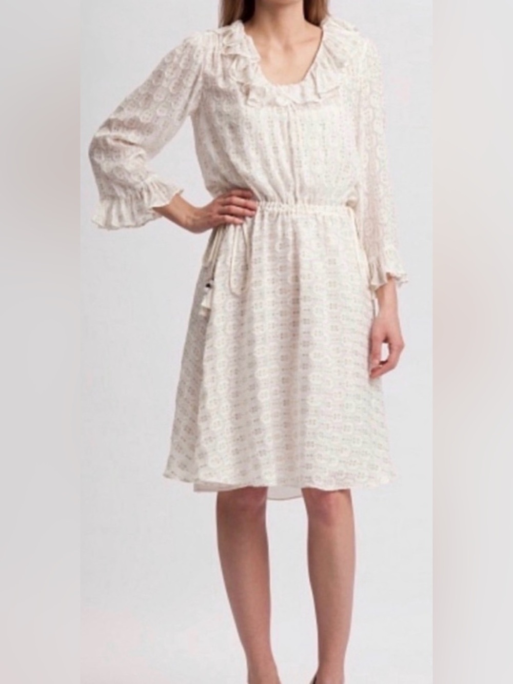 Tory Burch Jasmine Dress Ivory Gold Metallic Ruffle Silk Blend Sz 4 No slip NWT